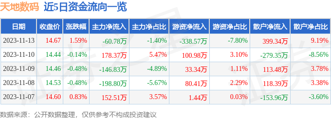 股票行情快报：天地数码（300743）11月13日主力资金净卖雷火竞技官网入口出6078万元(图1)