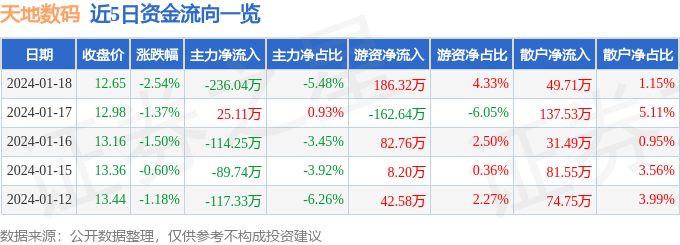 股票行情快报：天地数码（300743）1月18日主力资金净卖出23604万元(图1)