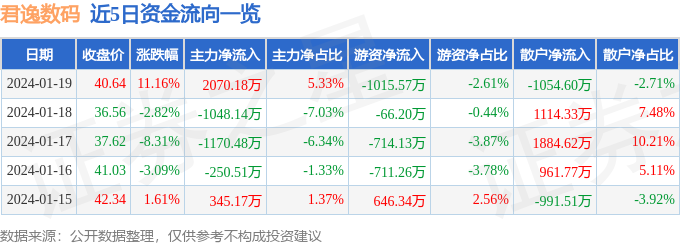 君逸数码（301172）1月19日主力资金净买入207018万元(图1)