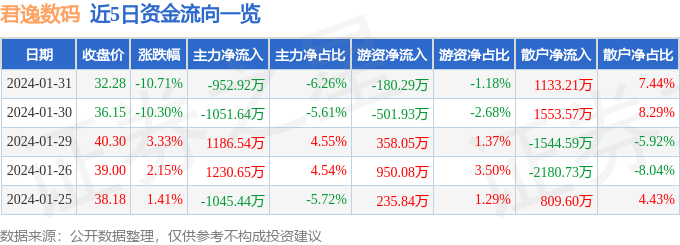 雷火竞技君逸数码（301172）1月31日主力资金净卖出95292万元(图1)